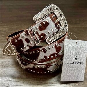 La Valentina Cow Print,silver stud,floral embossed,rhinestone buckle/tip Western